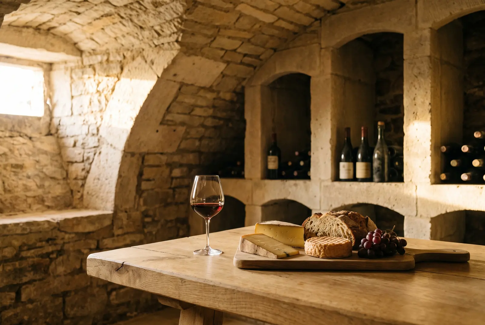 Cave voûtée bourguignonne, bouteilles et verre de vin rouge