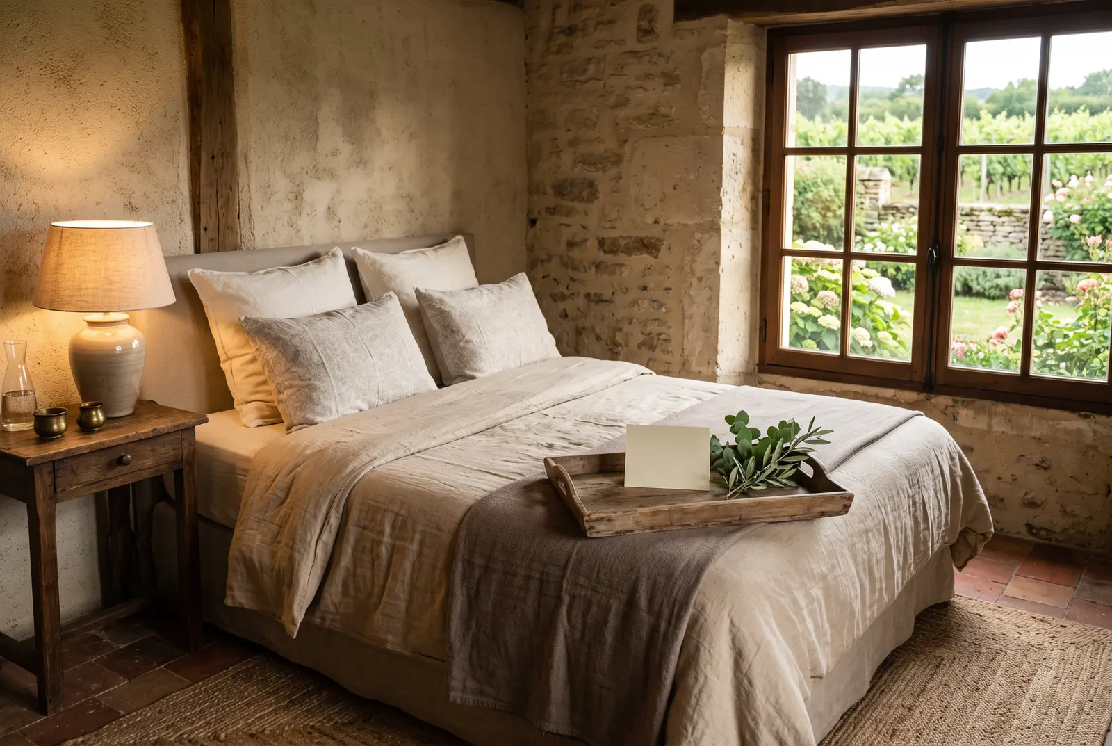 Chambre préparée entre deux séjours, linge repassé et plateau