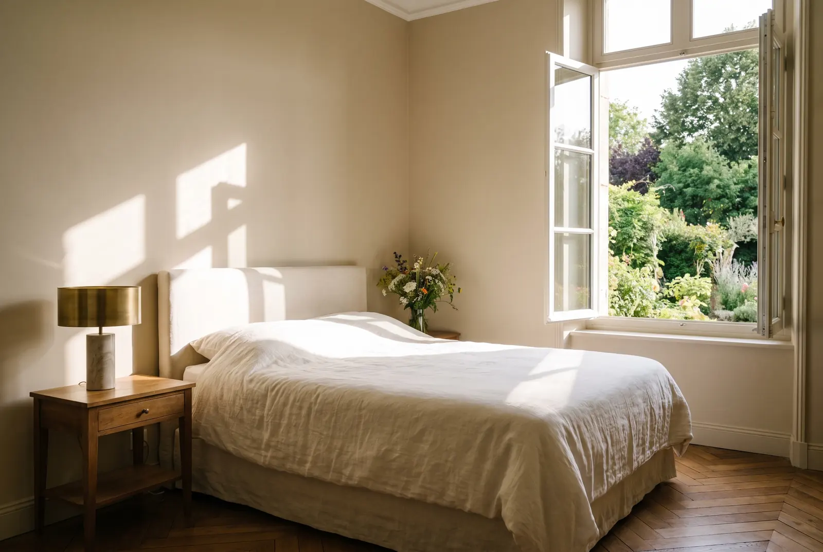 Chambre préparée, linge frais et lumière du matin